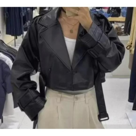 ZARA BLACK OVERSIZED CROPPED FAUX LEATHER TRENCH - Picture 2 of 5